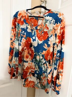 Sew in Love Floral Long-Sleeve V-Neck Top in Blue and Burnt Orange NEW